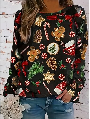  Jule Kvinne Juletre Snøfnugg Pullover Grafikk Casual Langermet Crew Neck Vanlige topper Casual Høytid Trykk Svart Hvit Blå Vår Høst Vinter