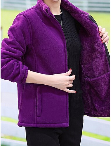  Dam Sherpajacka Bekväm Andningsfunktion Dragkedja Ficka Ledigt Slät Semester Gata Ledigt Dagliga kläder Dragkedja Normal Hög krage Lös passning Långärmad Ytterkläder Mörklila Svart Rodnande Rosa Vår