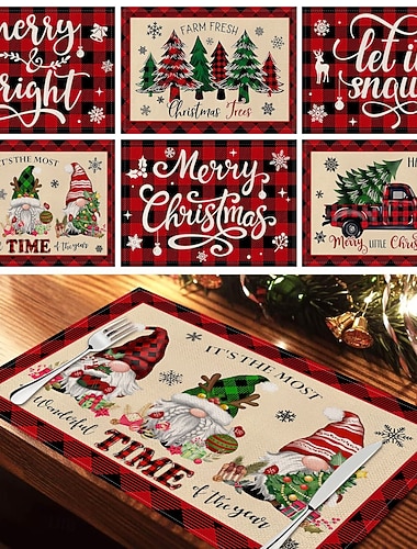  6 pezzi di fiocco di neve rosso natalizio, albero di Natale, pupazzo di neve &tovagliette di lino resistenti al calore di Babbo Natale, tovagliette quadrate, antimacchia, per decorazioni da tavola per