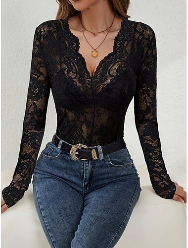  Damen Spitzenbluse Bluse Einfarbig Elegant Stilvoll Sexy Langarm V Ausschnitt Normale Oberteile Täglich Spitze Patchwork Schwarz Weiß Wein Armeegrün Marineblau Frühling Herbst Winter