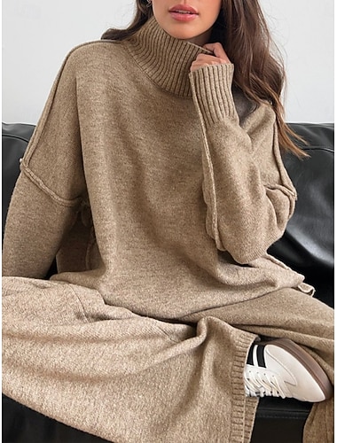  בגדי ריקוד נשים אופנתי סגנון רחוב יומי ערכות מכנסיים שרוול ארוך גולף צבע אחיד קזו'אל יומי אפור כהה ירוק כהה קאמל אביב רגיל