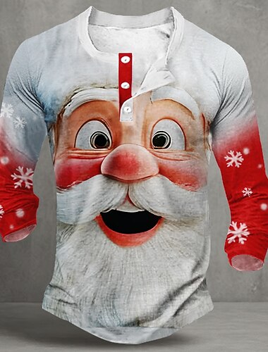  Christmas Miesten Joulupukki T-paita Henley-paita Pitkähihainen T-paita Painettu Henley Paita Muoti Vapaa-aika Juhla Katu Päivittäin Valkoinen Talvi 봄 & Syksy Vaatetus S M L XL 2XL 3XL 4XL