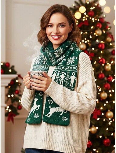  Juleskjerf med reinsdyrmotiv til dame – akrylmateriale, festlig mønster til høytidsfester og vinterklær