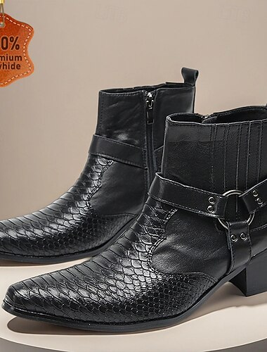  Botas masculinas pretas de couro legítimo com padrão de crocodilo e salto grosso, botas de cowboy de couro bovino para palco, clube e moda gótica