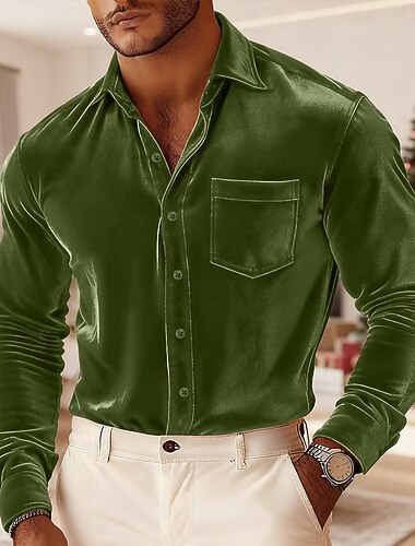  Per uomo Camicia Camicia casual Camicia di Natale Camicia di velluto Vino Blu reale Marrone Verde Manica Lunga Tinta unica Semplice Colletto a Camicia Carnevale Natale Tasca Abbigliamento Natale