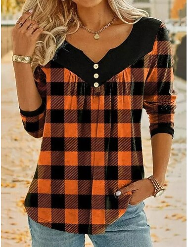 Dame Skjorte Nyanse Grafisk Ruter Elegant Bohem Årgang Langermet V-hals Vanlige topper Arbeid Daglig Ut på byen Knapper Rød Blå Oransje Grå Vår Høst Vinter
