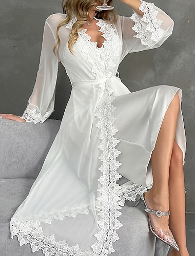  Жен. Халат Теплый Мода На каждый день Чистый цвет Кружева Платья Дом Кровать Длинный рукав Вырез под горло Белый Лето Весна Стандартный