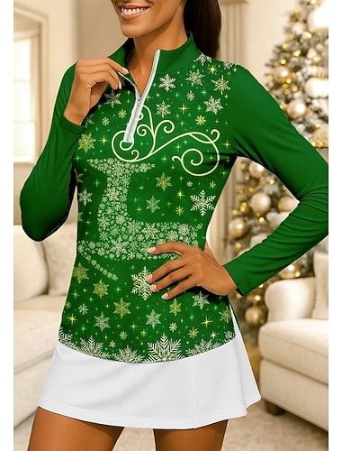  חג המולד בגדי ריקוד נשים גיאומטרי חולצה חולצת ספורט חולצת POLO חולצת טניס שרוול ארוך רוכסן פרחוני UPF50+ עמידות UV גמישות גבוהה פתילת לחות נושם כדור עף טניס גולף עומד צווארון רוכסן ג'קט חולצה ירוק
