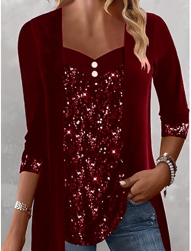  Vánoční ženská halenka jednobarevná elegantní stylová základní dlouhý rukáv čtvercový výstřih pravidelné topy každodenní nošení flitry patchwork černá víno fialová zelená jaro podzim zima