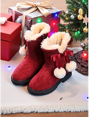 Botas de veludo vermelho para crianças com pompons e laços - estilo festivo, perfeitas para festas de Natal e comemorações de inverno   Botas de veludo vermelho para crianças com pompons e laços - estilo festivo, perfeitas para festas de Natal e comemorações de inverno