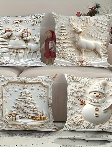 4 st vita julörngott set jultomten, snögubbe, julgran &Festliga kuddfodral med renmönster för soffa och vardagsrumsinredning   4 st vita julörngott set jultomten, snögubbe, julgran &Festliga kuddfodral med renmönster för soffa och vardagsrumsinredning