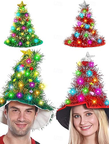 Sombrero de árbol de Navidad con luz LED para adultos, sombrero de fiesta navideño de terciopelo suave y lujoso, decorado con adornos coloridos y adorno de estrella, poliéster lavable a máquina,   Sombrero de árbol de Navidad con luz LED para adultos, sombrero de fiesta navideño de terciopelo suave y lujoso, decorado con adornos coloridos y adorno de estrella, poliéster lavable a máquina,