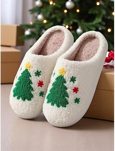  Witte kerstboompantoffels voor dames met zachte voering, comfortabele winterhuisschoenen voor feestdagen &cadeau geven