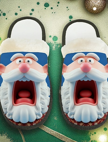  メンズ サンタクロース スリッパ - 3D サンタの顔がデザインされた楽しいクリスマス フットウェア。柔らかいプラッシュ裏地。休日のリラックスや冬のお祭りに最適です。