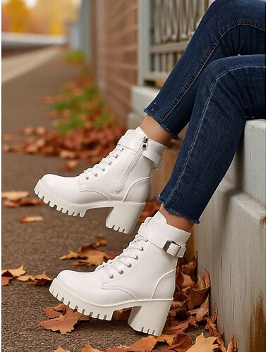  vita damstövlar med grov klack och snörning, snygga högklackade stridsstövlar med justerbart spänne, trendiga skor för både vardagliga och utomhusbruk