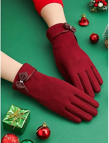  Guantes táctiles navideños para mujer: cálidos de poliéster con un bonito lazo, perfectos para fiestas navideñas y para el invierno.