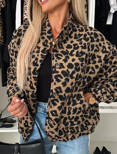  Γυναικεία Χειμερινό παλτό Casual Jacket Άνετο Τσέπη Κουμπιά Βίντατζ Καθημερινό Λεοπάρ Διακοπές Causal Καθημερινά Ρούχα Εξόδου Κανονικό Απορρίπτω Κανονικό Μακρυμάνικο Εξωτερικά ενδύματα Καφέ