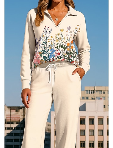  Damskie Bluza dresowa Dres Spodnie dresowe Ściągana na sznurek Kieszeń Kwiatowy wzór Rozpinana bluza i spodnie dresowe Zestaw odzieży sportowej Odzież domowa Lato Wiosna Jesień Zima Granatowy Czarny