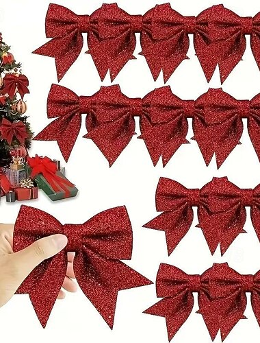 12 stk julebåndsløyfer julepynt juletrepynt – gull, sølv &røde glittersløyfer, perfekt til tre, kranser og gaveinnpakning