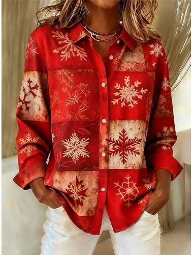  Jul Dame Skjorte Bluse Grafisk Ruter Snøfnugg Årgang Tropisk Stilfull Langermet Skjortekrage Vanlige topper Bryllupsgjest Arbeid Festkveldsklær Knapper Trykt mønster Blå Salvie Grøn Rød Grønn Vår