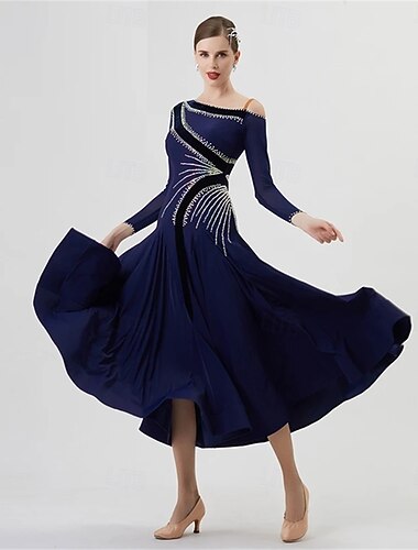  Damen-Ballsaal-Tanzkleid mit asymmetrischer Schulterpartie und Strasssteinen, elegant, für Tango, Walzer, Foxtrott, Wettkampf, Performance-Kleid – Marineblau