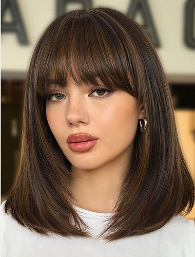  Highlights gestufte Perücken mit Pony, 35 cm kurz, gemischt braun, kleberfrei, sofort tragbar, glatt, synthetischer Bob für Damen, realistische Kopfhaut, für den täglichen Gebrauch, Cosplay