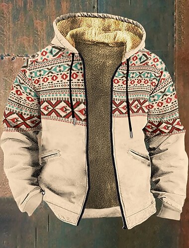  Homme Graphique Géométrique Sweat à capuche Veste Mode Streetwear Occasionnel manche longue À capuche Extérieur Sport en Plein Air Sortir Kaki Gris foncé Gris Avec Poches Imprimé Toison Hiver Designer