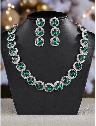 set di gioielli da donna con strass verde smeraldo per la festa di Natale, elegante set di collana di cristallo e orecchini pendenti per serate formali &celebrazioni delle feste   set di gioielli da donna con strass verde smeraldo per la festa di Natale, elegante set di collana di cristallo e orecchini pendenti per serate formali &celebrazioni delle feste