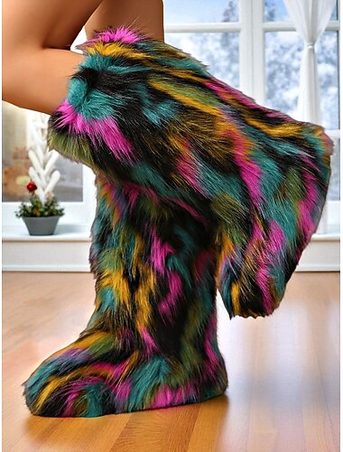  أحذية نسائية متعددة الألوان من الفرو الصناعي للمهرجانات، أحذية ثلجية ناعمة بألوان قوس قزح تصل إلى الركبة للحفلات الراقصة والحفلات &مهرجانات الموسيقى الشتوية