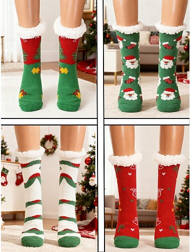  Conjunto de 4 pares de meias felpudas de Natal para mulheres, meias de inverno quentes e aconchegantes com forro de pelúcia e Papai Noel &padrões de feriados para presentes & saguão