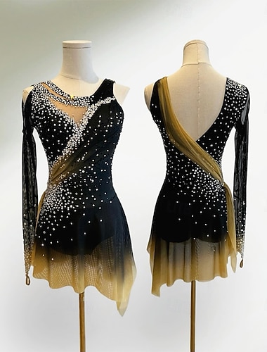  Šaty na bruslení Dámské Dívčí Buz Pateni Šaty černá / žlutá Slátanina Asymetrický lem Spandex Síťka Vysoká pružnost Trénink Soutěž Bruslařské oblečení Klasický Křišťál a napodobenina Dlouhý rukáv