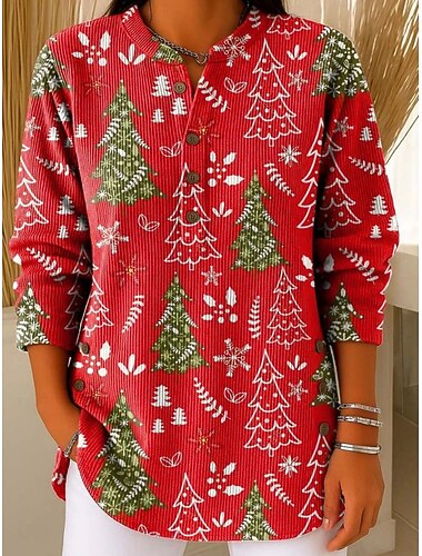  Новогодняя тематика Жен. Блуза Новогодняя ёлка Стиль На каждый день Длинный рукав Вырез под горло Обычные топы Повседневные Пуговицы С принтом Розовый Красный Синий Лиловый Зеленый Весна Осень Зима