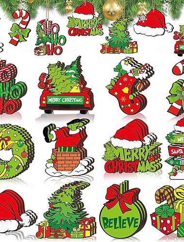  12 stk. julepynt i tre med grønne monster, plysj-oppheng i tre med alver, søt juletre-dekorasjon og festdekorasjon til hjemmet