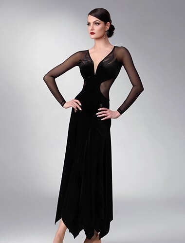  女性用社交ダンスドレス、ブラックベルベット、ディープVネック、透け感のあるメッシュ、長袖、エレガント、タンゴ、ワルツ、ルンバ、パフォーマンス、競技用ガウン