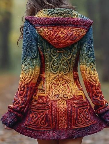  Women's Cardigan Vintage Viking Daily Ethnic Style Color Gradient Ribbed Hooded Pocket Buttons Print Long Sleeve Long Tops Knit Outdoor Weekend Orange Fall Winter