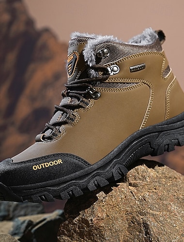  scarponi da trekking impermeabili color cachi da uomo con fodera in pelliccia e suola antiscivolo, caldi scarponi da trekking per campeggio invernale e sentieri di montagna