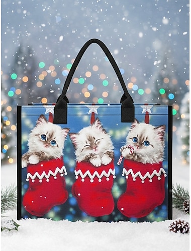  Weihnachtstasche für Damen – mit festlichen Katzenmotiven von Kayomi Harai und farbenfrohen Weihnachtsstrümpfen, ideal zum Weihnachtseinkauf, als Geschenk und für winterliche Feierlichkeiten.