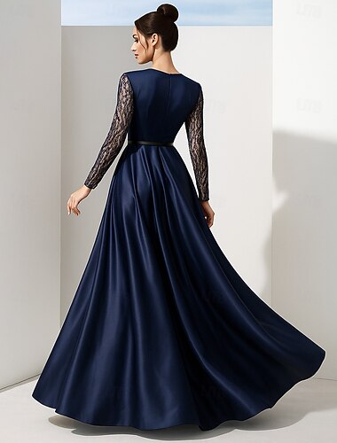  A-lijn Tot de grond Kralenborduurwerk Bruiloft gast jurk Formele jurk Moeder van de bruid jurk Lange mouw Strakke ronde hals Elegant Vintage Luxueus Formele avonden Bruiloft met Pailletten Kleurenblok