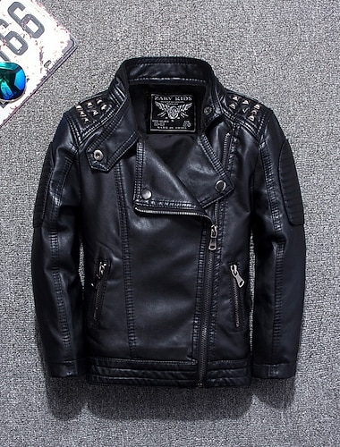 Детские Мальчики Черная кожаная куртка Жакет Верхняя одежда Полотняное плетение Длинный рукав Застегнуться ЗАЩИТА ОТ ВЛАГИ Защита от ветра Пальто Повседневные Мода На каждый день Черный Весна Осень   Детские Мальчики Черная кожаная куртка Жакет Верхняя одежда Полотняное плетение Длинный рукав Застегнуться ЗАЩИТА ОТ ВЛАГИ Защита от ветра Пальто Повседневные Мода На каждый день Черный Весна Осень