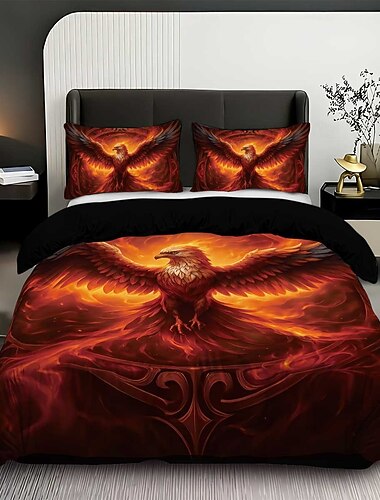 Fire Phoenix 3-delat dunpåslakanset för queen size-säng, mjukt kort fleeceöverkast med 2 örngott – sängkläder i hotellrum, mysigt &bekväm   Fire Phoenix 3-delat dunpåslakanset för queen size-säng, mjukt kort fleeceöverkast med 2 örngott – sängkläder i hotellrum, mysigt &bekväm