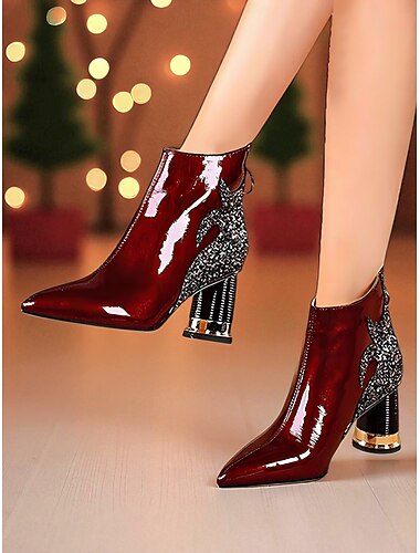 حذاء نسائي بكعب عالٍ من الجلد اللامع باللون الأحمر مع مقدمة مدببة لامعة للحفلات الليلية