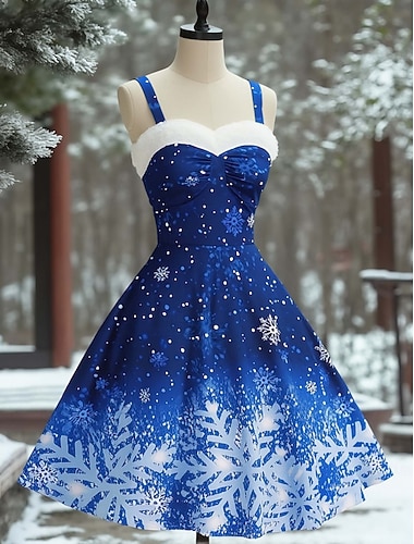  クリスマス レディース 雪の結晶 膝丈ドレス Aラインドレス エレガント ヴィンテージ キュート ホーム パーティー 新年 レギュラー フィット ノースリーブ スウィートハート 赤 青 紫 緑 春 秋 冬