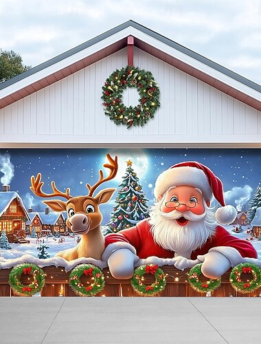 Couverture de porte de garage de Noël avec Père Noël et renne, bannière de garage de vacances 3D décoration de Noël extérieure pour la décoration de l'allée de la maison de la cour avant   Couverture de porte de garage de Noël avec Père Noël et renne, bannière de garage de vacances 3D décoration de Noël extérieure pour la décoration de l'allée de la maison de la cour avant