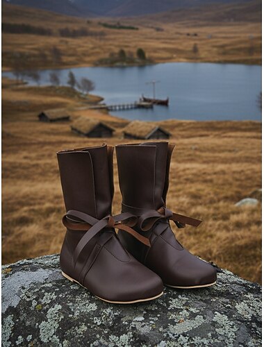 Botas femininas rasteiras de couro sintético marrom, inspiradas no estilo viking e medieval, com detalhes de cadarço, perfeitas para encenações históricas, cosplay e uso diário