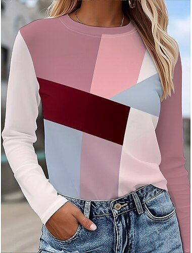  Women's T Shirt Print Graphic Geometric Abstract Vintage Fashion Stylish Long Sleeve Crew Neck Round Neck Regular Tops Daily Weekend Dusty Rose Spring Fall Winter