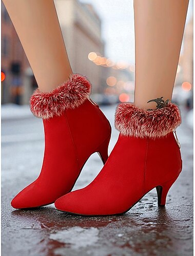  Women's Red Suede Kitten Heel Ankle Boots with Faux Fur Trim – Elegant Winter Fashion Booties for Parties and Night Out