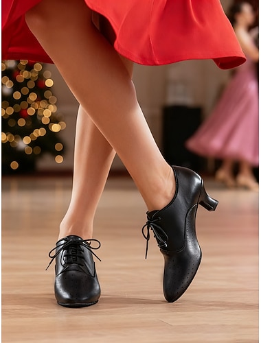  Damskie czarne, sznurowane, profesjonalne buty do tańca - wygodne, niskie buty do ćwiczeń towarzyskich i latynoamerykańskich
