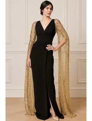  Tuubi Kokopitkä Tanssiaismekot Iltapuku Ball Gown Muodollinen mekko Tyylikäs Kimalteleva Korkea jaettu Pitkähihainen V kaula-aukko Muodollinen Häät Tasku Paljetein koristeltu Stretch Crepe kanssa