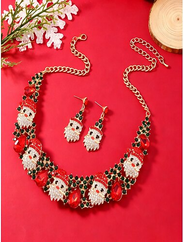  Julesmykkesett for kvinner med nissemotiv, rødt &gullkrystallkjede og øredobber, festlig rhinstensett til høytidsfester, gaver &vinterantrekk
