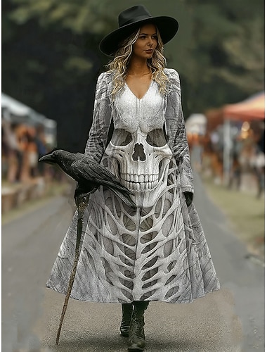 Damen Schädel Druck Midi Kleid A-Linien Kleid Urlaub Casual Alltag Regulär Fit Grafik Schädel Langarm V-Ausschnitt Blau Orange Grau Herbst Winter   Damen Schädel Druck Midi Kleid A-Linien Kleid Urlaub Casual Alltag Regulär Fit Grafik Schädel Langarm V-Ausschnitt Blau Orange Grau Herbst Winter